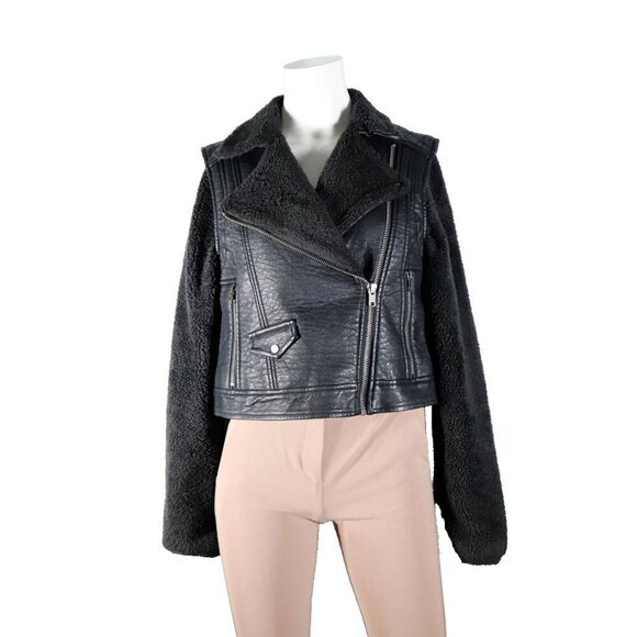 BDG Urban Outfitters Women's Medium Black Moto Jacket Teddy Sleeve Vegan Bomber - Picture 2 of 7
